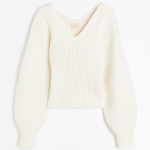 H&M Cream V-Neck Sweater with Balloon Sleeves